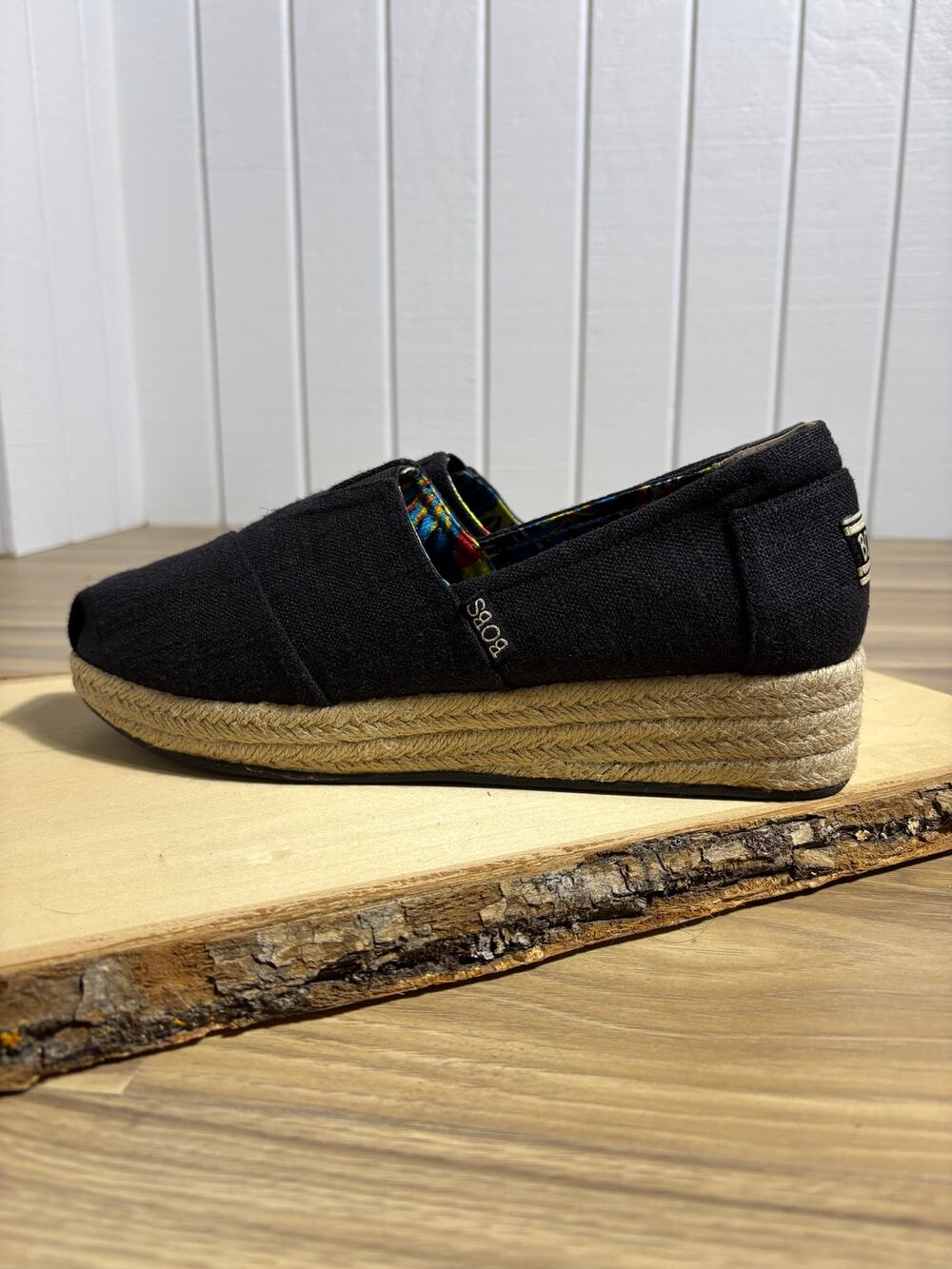 BOBS Skechers 34101 Women 8.5-Wide Black Espadrille Wedge Memory Foam